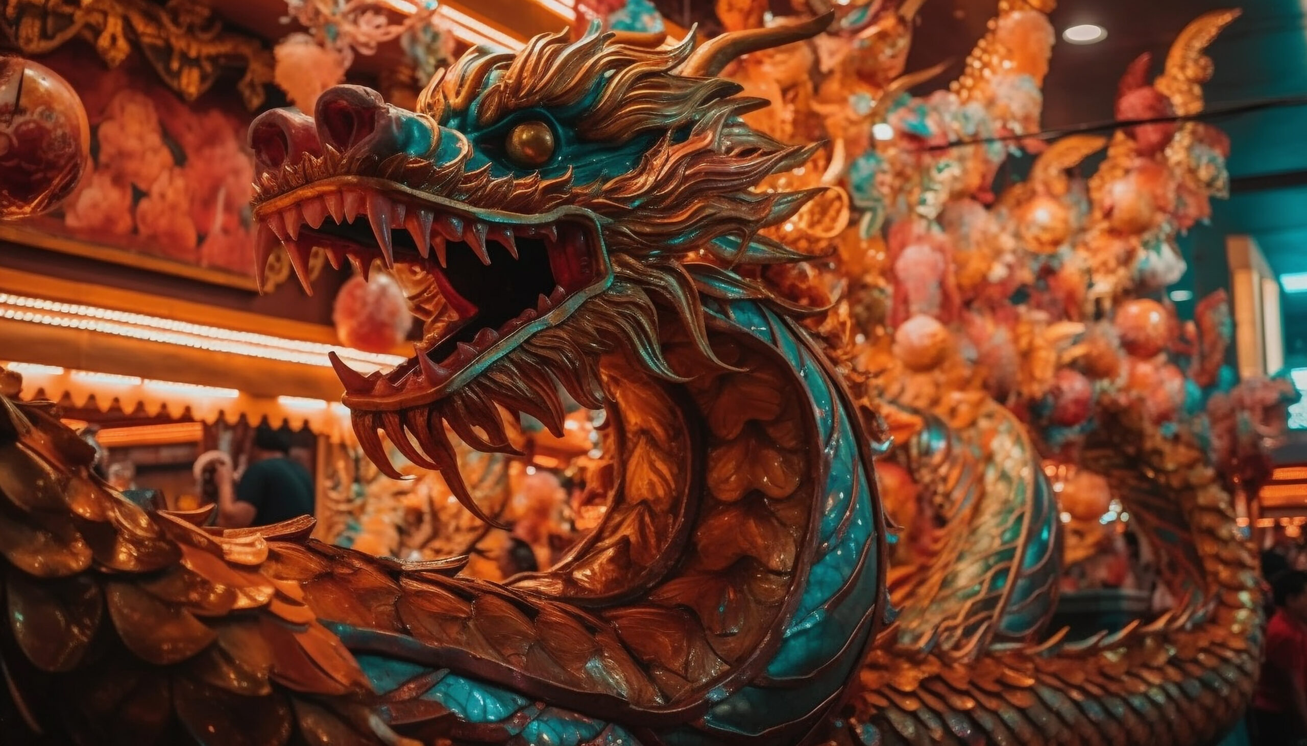 Multi colored dragon statue symbolizes Chinese spirituality generated by artificial intelligence