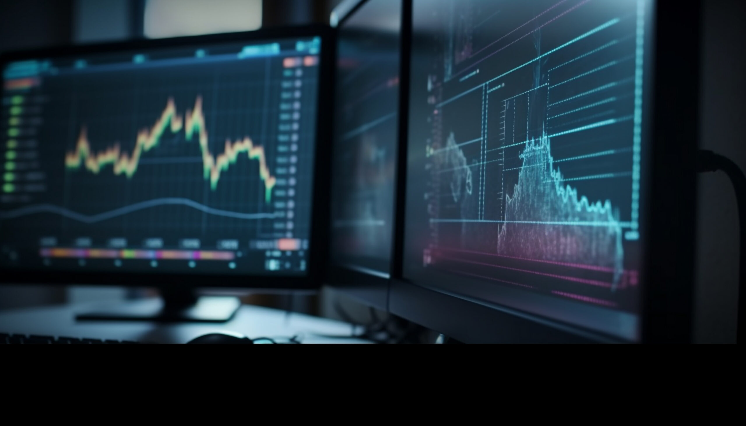 Glowing computer monitor displays financial figures for trading generated by artificial intelligence