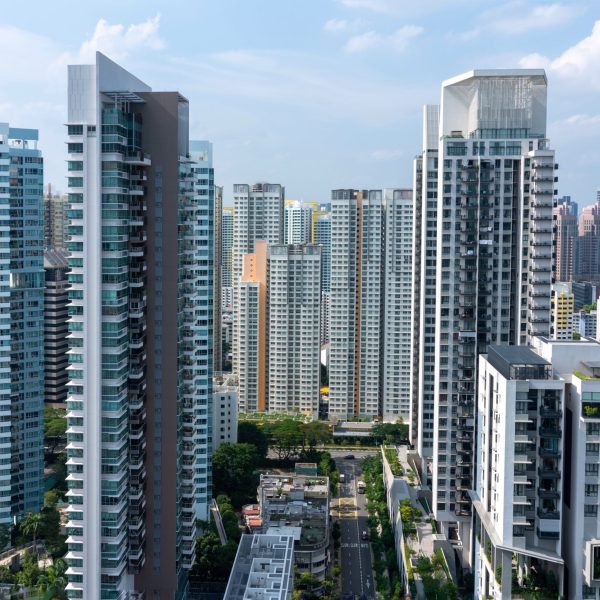 An amazing aerial shot of the Singapore cityscape with lots of skyscrapers