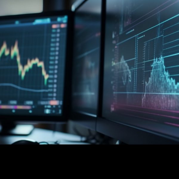 Glowing computer monitor displays financial figures for trading generated by artificial intelligence